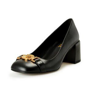 Versace Women's Gold Medusa Black Leather Heeled Pump Shoes US 11 IT 41